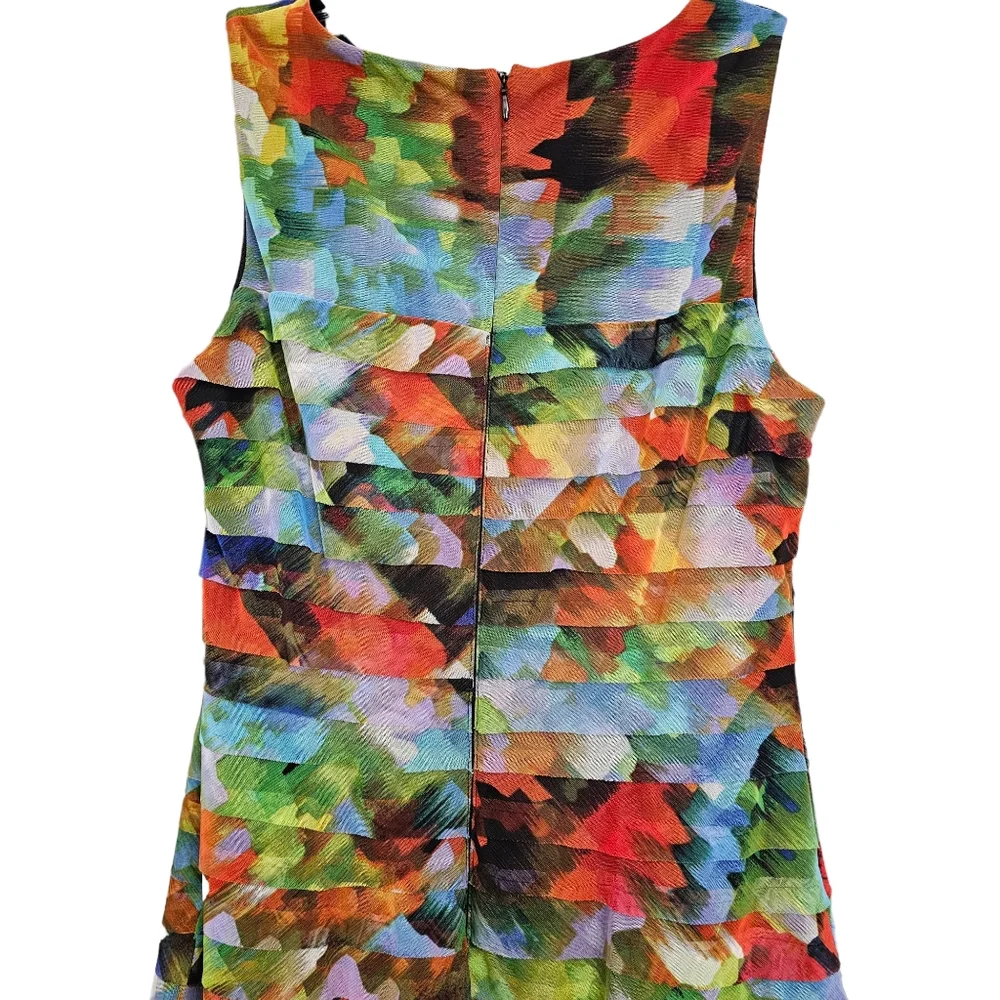 London Times Jeweltones Abstract Paint Splash Tiered Sleeveless Mesh Dress - Picture 8 of 15